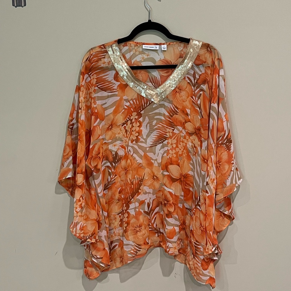 Susan Graver Orange Floral Blouse with Gold Accents